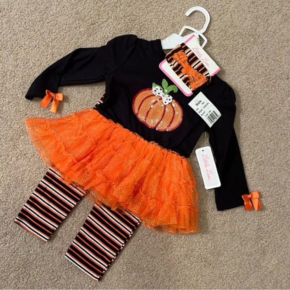 Little Lass Other - NWT 🎃 12 mo Halloween 3-pc Pumpkin Tutu Costume with striped leggings, headband